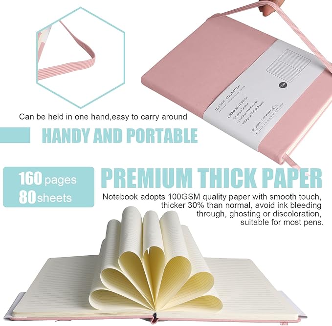 Lined Journal Notebook, 6Pack(pink), 160 Pages, Medium 5.7 inches x 8 inches - 100 gsm Thick Paper, Hardcover