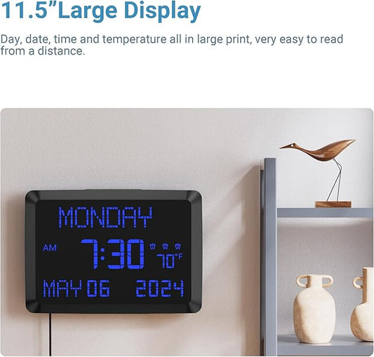 11.5” Digital Wall Clock with Date,Time,Week,Indoor Temperature,3 Alarms,5 Dimmer,2 USB Chargers,Battery Backup,Snooze,12/24H for Elderly,Parents,Impaired Vision,Dementia,Memory Loss,Office,Bedroom
