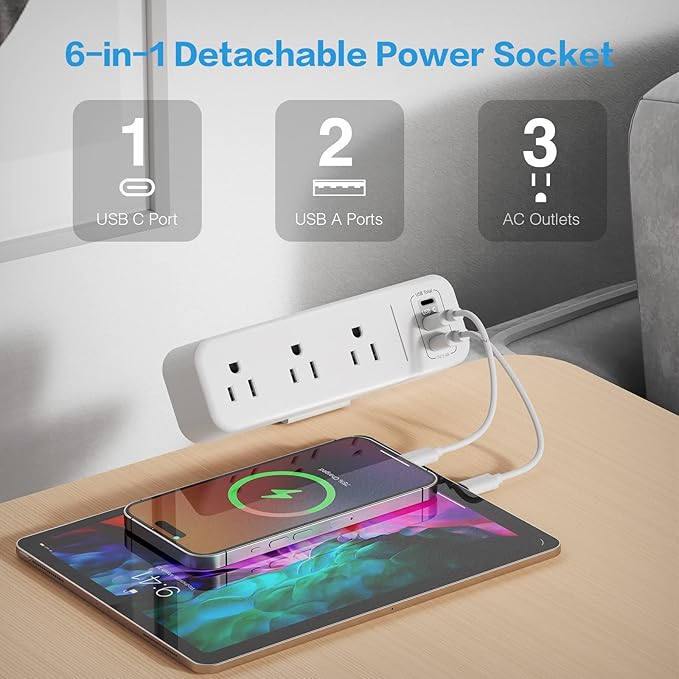 3 Outlet Desk Clamp Power Strip with USB C, White Flat Plug Desktop Edge Power Strip, Desk Mount Clamp Socket Connect 6.5 ft Thin Extension Cord for 1.6 inch Tables.
