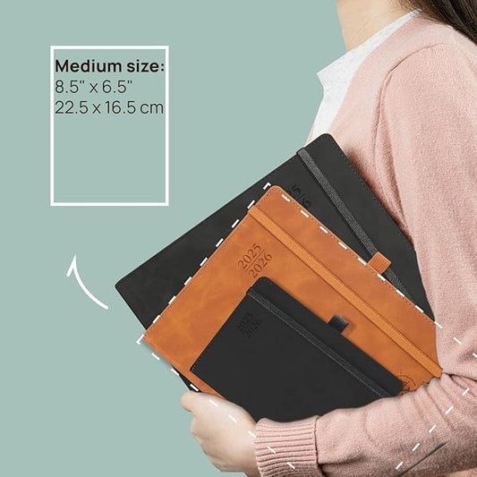 POPRUN Planner 2025-2026 Weekly Notebook (Medium 6.5''x 8.5'') Academic Calendar (JUL.25 - JUN.26) Appointment Book with Monthly Tabs, Leather Soft Cover, Inner Pocket, 100 GSM - Petrol Green