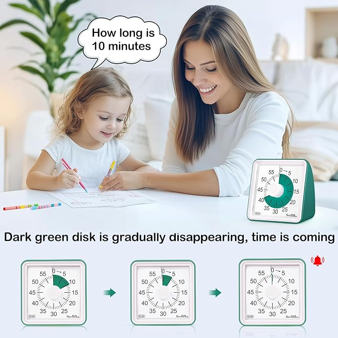 Secura 60 Minute Essential Visual Timer for Kids, Countdown Clock Timer for Special Education, Classroom, School, Desk, Home, Office, Silent Non-Ticking Time Management Tool (Dark Green & Dark Green)