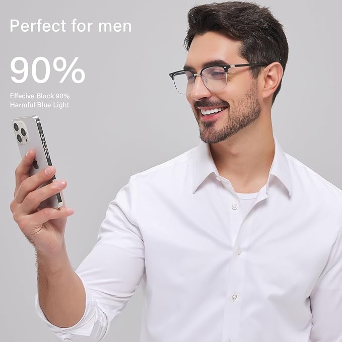 ANRRI Blue Light Glasses for men Metal Browline Frame UV 400 Protection Clear Lens Anti Eyestrain Computer Gaming Glasses