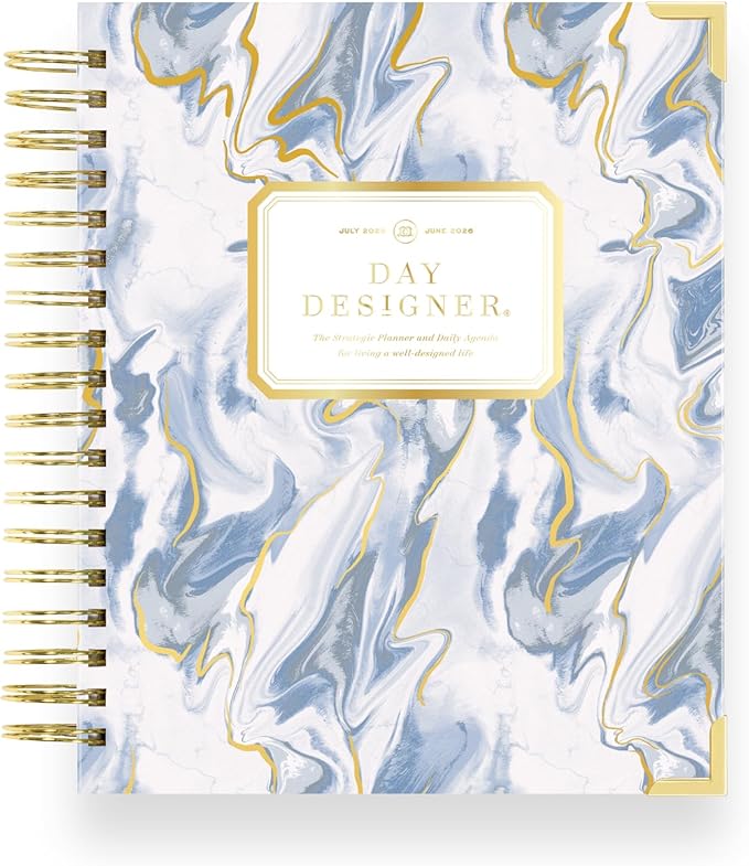 Day Designer 2025-2026 Daily Planner – Premium Planner for Stylish Organization. Combines Monthly Calendar, Hourly Schedule, To-Do List, Gratitude, Goal Setting, Inspirational Quotes, Stickers & More. Elegant laminated Cover with Gold Accents (Azure)