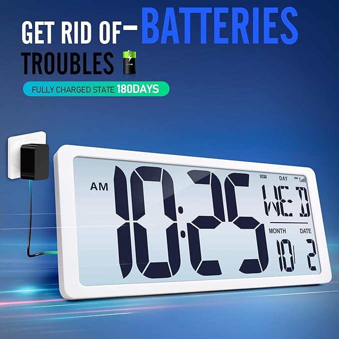 (6" Numbers) Display Built-in Rechargeable Power 18.44" Atomic Wall Clock -Night Display-Never Needs Setting!-Easy to Read Numbers-Never Need Replace Battery