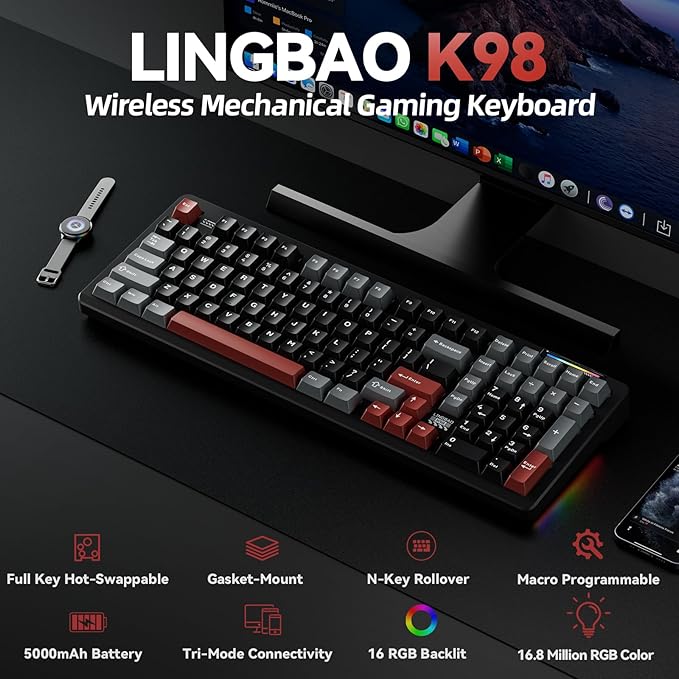 LINGBAO K98 Wireless Mechanical Gaming Keyboard, Tri-Mode BT5.0/2.4GHz/USB-C, Gasket Custom Hot-Swappable Linear Switches Creamy Keyboard with Number Pad, RGB Backlit Gaming Keyboard for PC Laptop