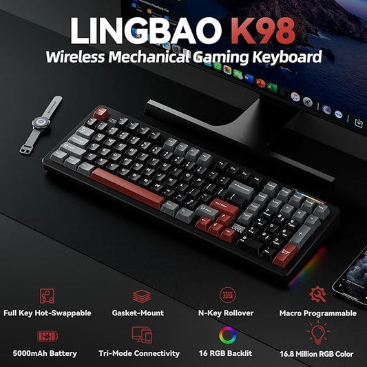 LINGBAO K98 Wireless Mechanical Gaming Keyboard, Tri-Mode BT5.0/2.4GHz/USB-C, Gasket Custom Hot-Swappable Linear Switches Creamy Keyboard with Number Pad, RGB Backlit Gaming Keyboard for PC Laptop