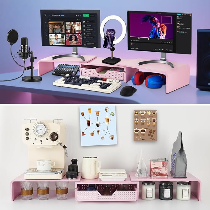 Dual Monitor Stand Riser with Drawer, Desk Organizer and Accessories, Metal Laptop Stand for Desk, Workspace Desktop Stand for Computer, Laptop, TV and More (Pink)