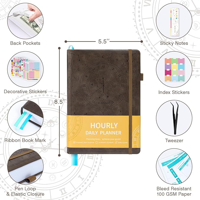 2025-2026 Undated 12 Month Planner Hardcover (5.5x8.5") - Weekly & Monthly Academic Life Organizer, Productivity Journal, Thick Paper, Sticker, Bookmark, Pen Loop(Brown)
