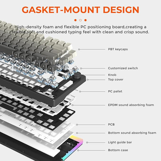 DAREU EK75PRO Wireless Gaming Keyboard,75% RGB Hot-Swappable Creamy Mechanical Keyboard with Knob,2.4Ghz/BT5.1/USB-C Connectivity, Gasket Mount,Side Printed PBT Keycaps, Linear Switch for Win/MAC