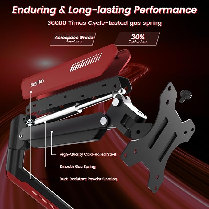 Dual Monitor Mount Gaming for Computer Screen 13-32" and up to 22 lbs,360° Rotation,+90° to -45° Tilt,180° Swivel,with C Clamp and Grommet Base,Integrated Cable Management,75x75/100x100 VESA,RED