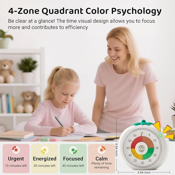 Visual Timer for Kids & Adults – 4-Color Zone Countdown Timer, 60-Min Silent Pomodoro Timer for ADHD Focus, Study, Cooking & Time Management Tool