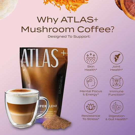 Atlas+ Latte Superblend– Instant Mushroom Coffee with Lion’s Mane, Reishi, Cordyceps, Ashwagandha, Probiotics, Vitamin D3 & B12, Coconut– for Energy, Focus, Immunity & Gut Health– 20 Servings (1 Bag)