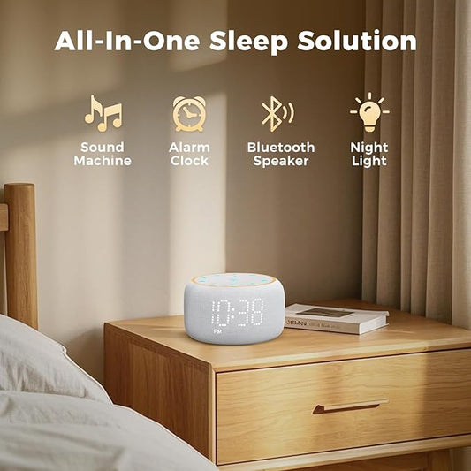 White Noise Machine Alarm Clock: Auto-Dimmable Clock for Bedrooms - 5W Stereo Bluetooth Speaker - Sound Machine with 24 Sleep Sounds for Adults Kids