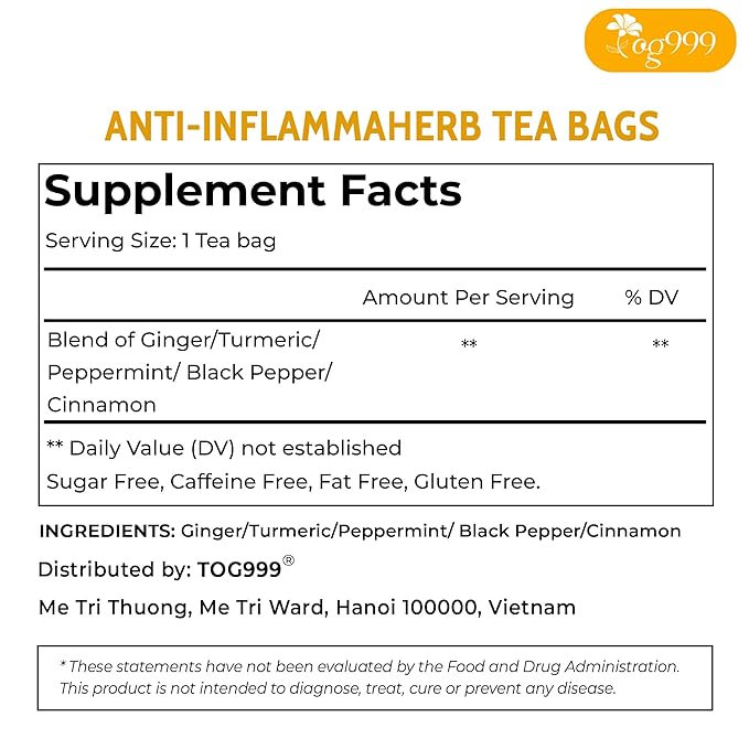 120 Tea Bags - Anti-Inflammaheb Loose Leaf Tea, 100% Natural from Ginger, Turmeric, Peppermint, Black Pepper, Cinnamon. Made with Natural Material Tea Bags. No Sugar, No Caffeine, No Gluten, Vegan.