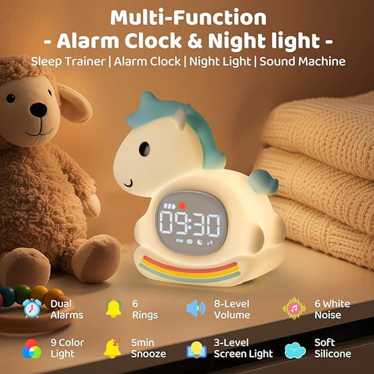 Alarm Clock with Night Light for Kids with Sleep Training and Sound Machine, Rechargeable Silicone Lamp OK to Wake Clock,Cute Animal Tabletop Lamp, Perfect Sleep Companion for Boys Girls,Blue Pony