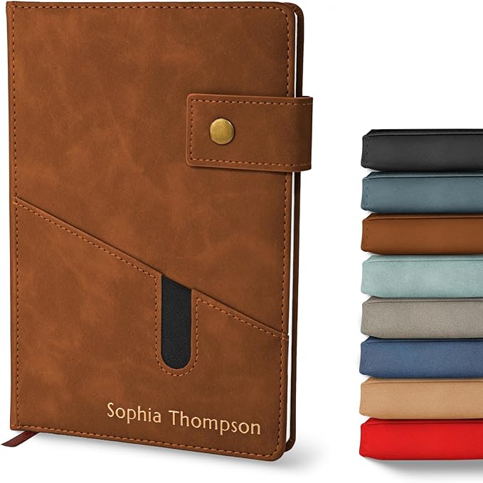 Promot Personalized Notebook - A5 Lined Leather Bound Journal for Writing Women Men - Hardcover Executive Notebook, Daily Journal, Travel Diary, Gift Idea, Custom Embossed Text with Gold Metallic Foil