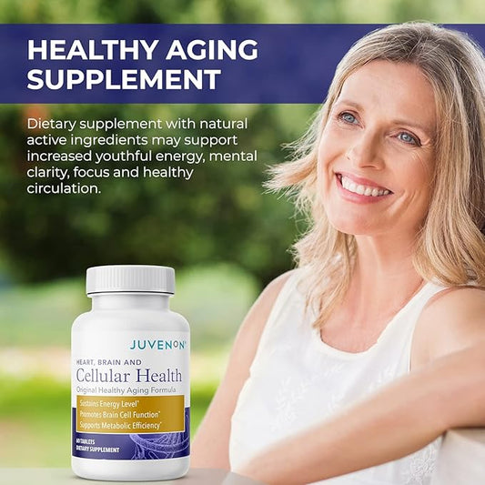 Juvenon Cellular Health | Heart, Brain Supplement with Acetyl L-Carnitine and Biotin - Supports NAD+ Function, Energy Production, Mood, Revitalized Metabolism, Mental Focus & Clarity (60 Tablets)