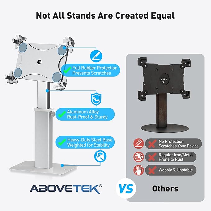 AboveTEK Anti-Theft iPad Kiosk Stand, 360 Rotation & Adj. Height 8.3"–13.4", Heavy-Duty Steel & Aluminum, Fits 9.7"-13" Tablets, Security Retail POS Tablet Stand for Business & Commercial Use (Silver)