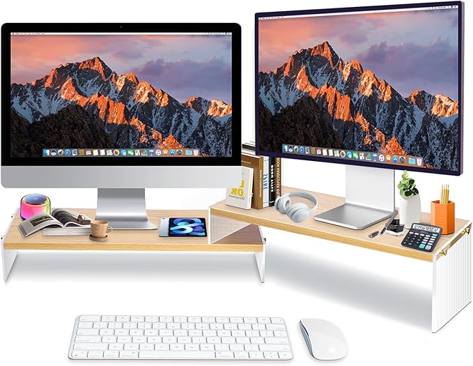 YGYQZ Wood Adjustable Monitor Riser for Desk, 2 Tier Dual Monitor Stand with Acrylic Legs Office Desk Shelf Organizer for Laptop, PC, Printer, Computer (wood-wavy)