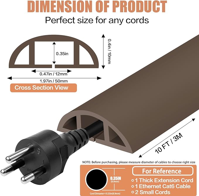 Floor Cord Cover Cable Cavity Self Adhesive Cord Hider Floor 10FT Floor Cable Management Power Cord Protector Floor Electric Cord Covers for Offices, Gym, Exhibitions (CoffeeBrown, 1.97" x 10')