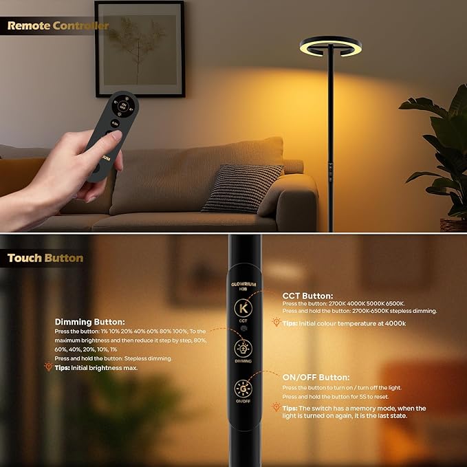 Floor Lamp with Remote,Floor Lamps for Living Room,Stepless Dimmable Rotatable Reading Floor Lamp, 2700-6500K,Modern Bright Floor Light for Living Room Bedroom Office (H3B)