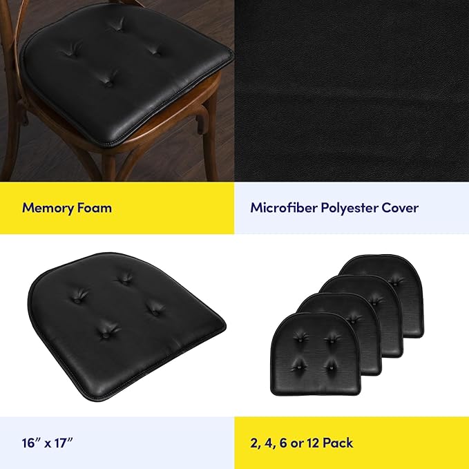 Sweet Home Collection Chair Cushion Memory Foam Pads Tufted Slip Non Skid Rubber Back U-Shaped 17" x 16" Seat Cover, 6 Pack, Faux Leather Black