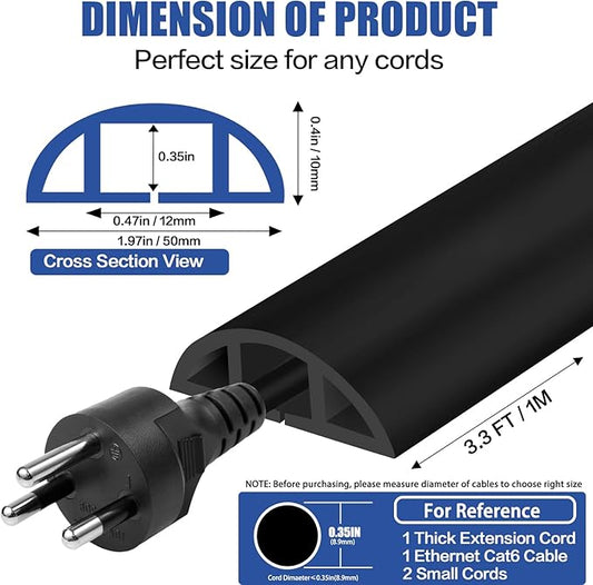 Floor Cord Cover Self Adhesive Cord Hider,3.3FT Cable Management, Extension Strip Protector for Wires, Prevent Cable Trips for Offices, Gyms, Exhibitions Cavity:0.47"(W) x 0.35"(H) Black