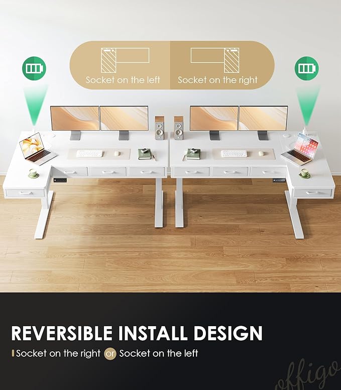 OffiGo 55 Inch L Shaped Electric Standing Desk with Drawers, Height Adjustable Large Desk with Power Outlets, Sit Stand Table, Writing Computer Desk for Home, Office, Workstation, White