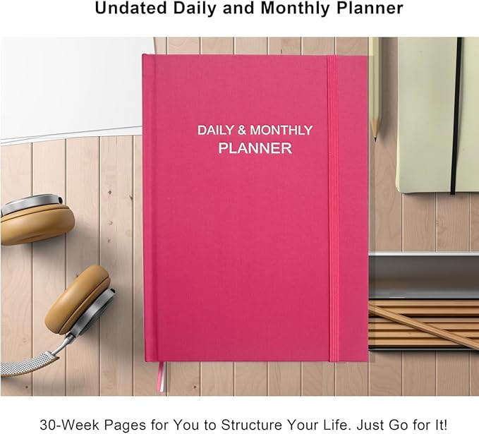 Daily & Monthly Planner for 2025 2026 or Anytime - ADHD Planner Two Pages Per Day, Daily Planner Undated to Increase Focus, Eliminate Overwhelm, Achieve Your Biggest Goals, 8.5'' × 11'', Pink