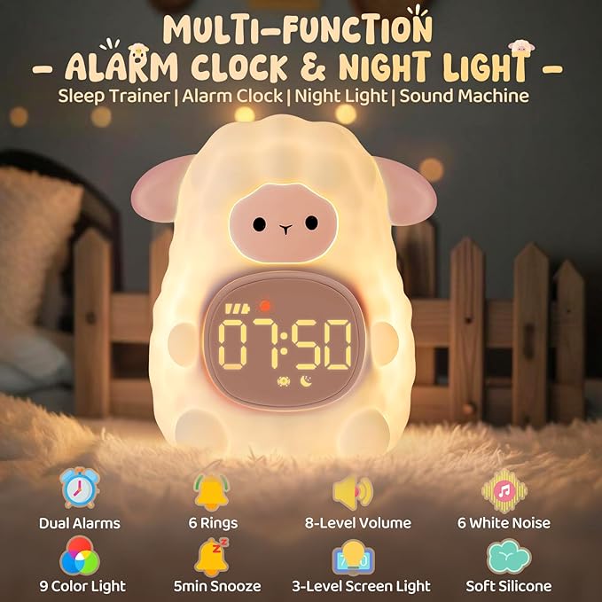 Sheep Alarm Clock with Night Light for Kids with Sleep Training and Sound Machine, Rechargeable Silicone Lamp OK to Wake Clock,Cute Animal Tabletop Lamp, Perfect Sleep Companion for Boys Girls, Pink