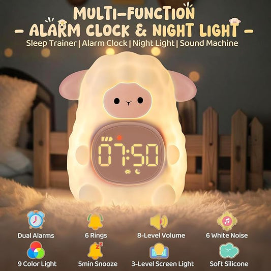 Sheep Alarm Clock with Night Light for Kids with Sleep Training and Sound Machine, Rechargeable Silicone Lamp OK to Wake Clock,Cute Animal Tabletop Lamp, Perfect Sleep Companion for Boys Girls, Pink
