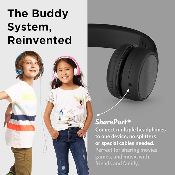 LilGadgets Connect+ Style On-Ear Kids Headphones with Microphone - SharePort Technology, SoftTouch Padding, Detachable Cable, Noise Reduction, Durable & Adjustable - Black - Wired Headphones with Mic