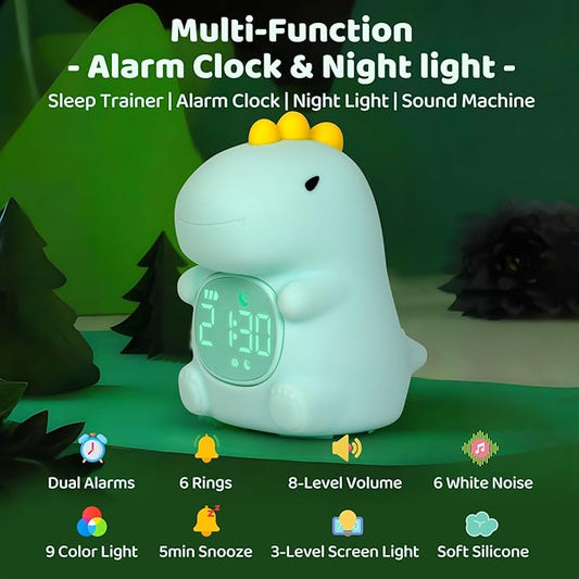 Dinosaurs Alarm Clock with Night Light for Kids with Sleep Training and Sound Machine, Rechargeable Silicone Lamp OK to Wake Clock,Cute Animal Tabletop Lamp, Perfect Sleep Companion for Boys Girls