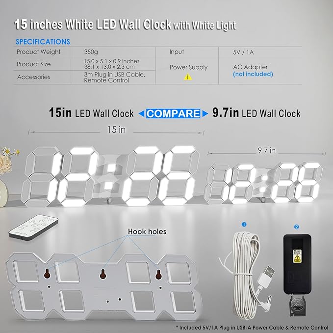KOSUMOSU Wall Clock 15" 3D LED Digital Clock for Bedroom,Large Digital Wall Clock for Living Room Decor,Modern Aesthetic Led Clock with Remote Control
