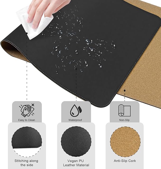 Non Slip Desk Mat, 31.5" x 15.7" PU Leather Desk Pad, Cork Desk Mat for Desktop, Desk Pad for Keyboard and Mouse, Ideal for Office and Home, Black