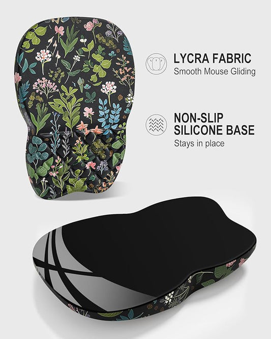 Auhoahsil Ergonomic Mouse Pad with Wrist Rest, Slope Computer Mouse Mat with Wrist Support, Memory Foam Filling, Non-Slip Silicone Base, Pain Relief, for Gaming & Work, 8 x 12 in, Black Flowers