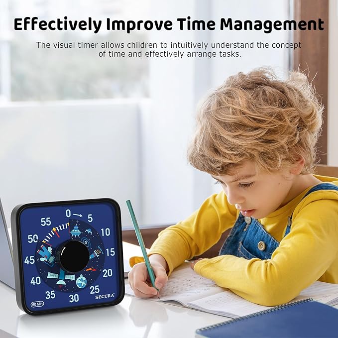 Secura 7.5-Inch Astronaut Pattern Visual Timer for Kids, 60-Minute Countdown Timer for Classroom or Kitchen, Durable Mechanical Timer Clock with Magnetic Backing (Black)