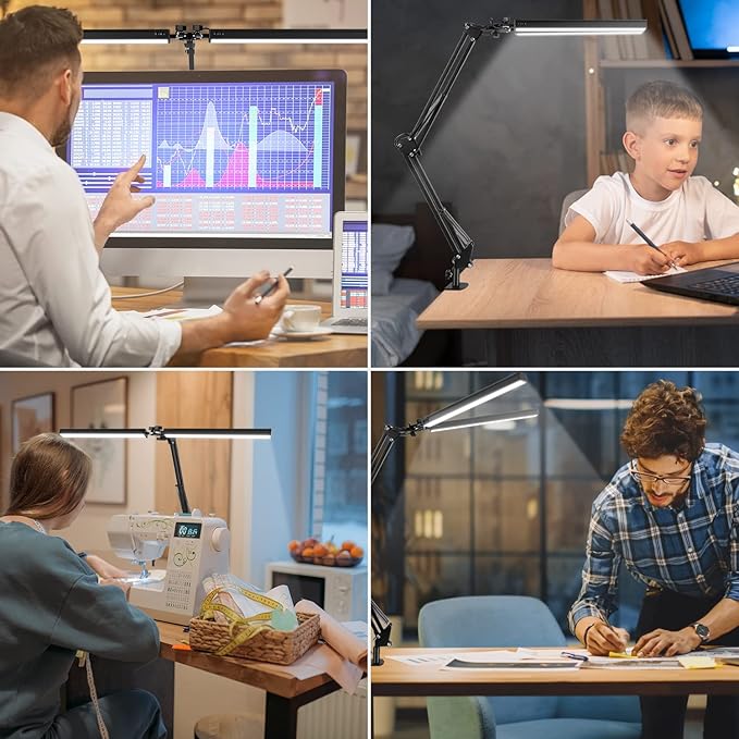 LED Desk Lamp with Clamp, Super Bright Double Head Task Light, 5 Color Modes, 10%~100% Dimmable Brightness, Modern Swing Arm Workbench Light