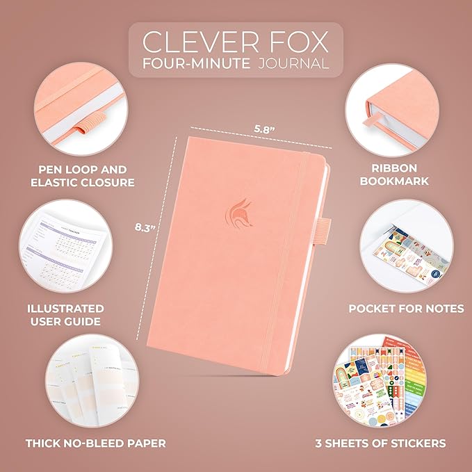 Clever Fox Four-Minute Journal – Daily Positivity Journal with Prompts – Motivational Affirmation, Mental Health & Habit Tracker (Light Pink)