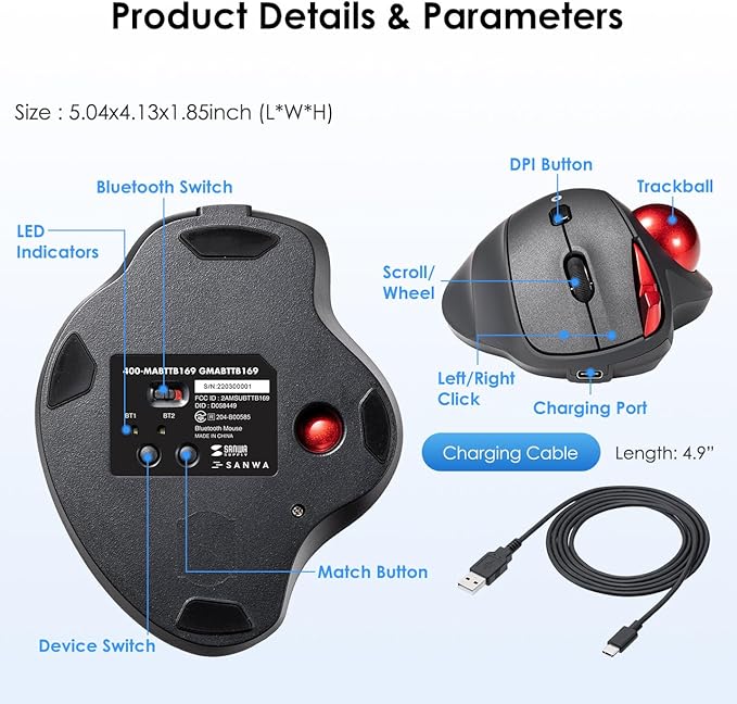 SANWA 2 Device Bluetooth Trackball Mouse, Silent Click Ergonomic Roller Ball Mouse, Wireless Rechargeable Thumb Mice, Programmable Buttons, 600-1600 DPI, Compatible with PC, Mac, Laptop, Windows