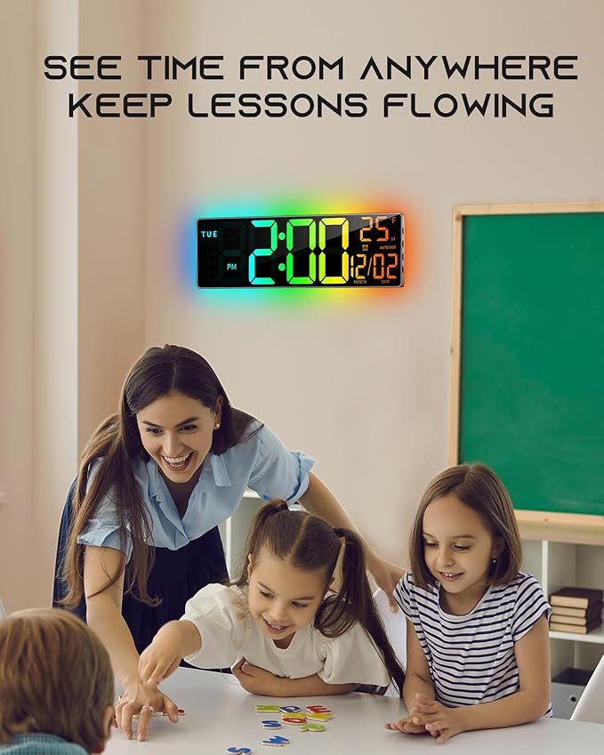 16.5" Large Digital Wall Clock with BT Sync, RGB Lights with 11 Scenes Mode Remote Control, Dual Alarms with Big LED Display, Auto DST, Temperature for Classroom Gaming