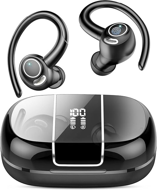 Wireless Earbuds Bluetooth 5.3 Headphones Sports, 48Hrs Playtime Bluetooth Earbuds with CVC 8.0 Mic, Stereo Bass Over Ear Bud with Earhooks, LED Display, IP7 Waterproof Earphon for Workout/Running
