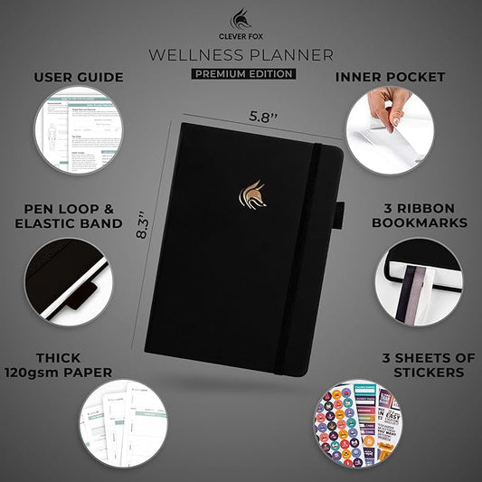 Clever Fox Wellness Planner - Weekly & Daily Health and Wellness Log, Food Journal & Meal Planner Diary for Calorie Counting, Notebook for Medical Condition Tracking, A5-Sized - Black