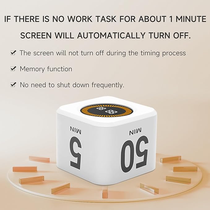 Rotating Productivity Timer 5, 25, 10, 50 Minutes Preset, Desk Cube w/Gravity Sensor for ADHD, Mute Functions, Ideal for Work, Study, Kitchen, Back to School (1, White)