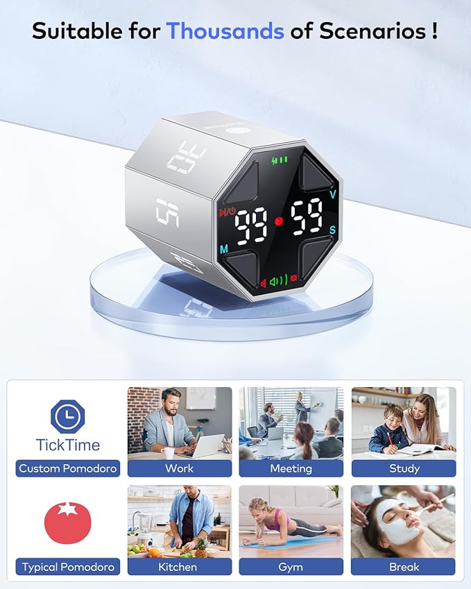 Pomodoro Timer Cube, Custom Pomodoro, Pause & Resume, Silent, Vibrate & Adjustable Sound Alert, for ADHD, Task, Work, Study, 3/5/10/15/30/45/60min & Custom Countdown,Silver