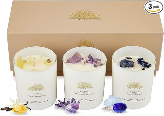 Soy Candles with Crystals - Aromatherapy Scented Candle for Women - Lavender Vanilla Gift Set - Small Wax Melts - 3 Pack 3.5oz
