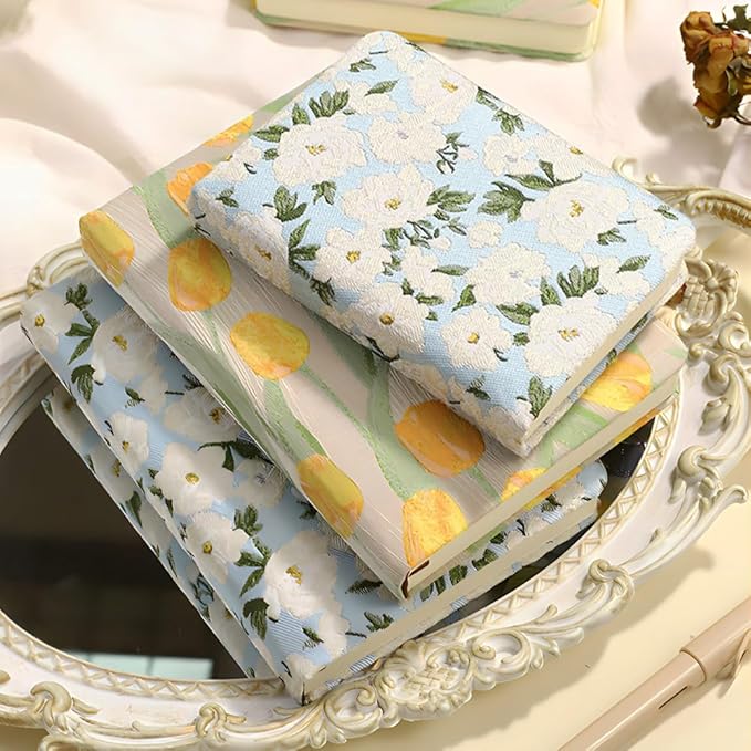 Pocket Notebook, A6, 4x6, Small Embroidered Journal, Cute Notebook, Lay Flat, Hardcover, Lined Notebook & Sketchbook, Personal Writing Journal for Women, Blue Journal, White Gardenia Flower