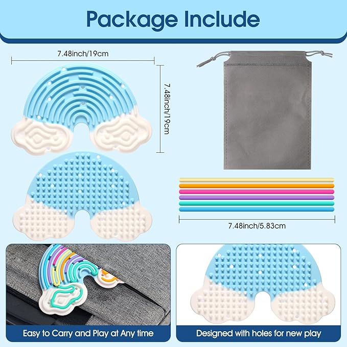 Fidget Toys Sensory Activity Board, Silicone Sensory Toys for Stress Anxiety Autistic ADHD Calming, Kids 3+ & Adults, Travel Bag & 12 Strings, Rainbow (Blue)