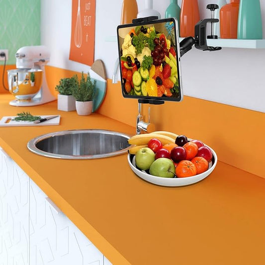 Under Cabinet Tablet Mount, Kitchen Tablet Holder iPad Mount for Desk/Table/Board/Chair,Compatible with 4.7~12.9" iPad/Nexus/LG G Pads/e-Reader/Switch/iPhone,360Β° Adjustable Aluminum Alloy Arm Stand
