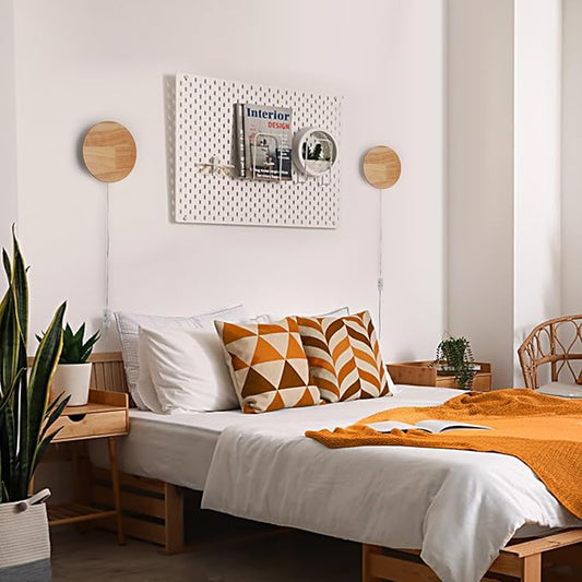 Modern Minimalist Plug in Wall Sconces, Plug-in Or Cordless 7.9'' Round Wood Backlight LED Wall Lamp, 12W, 1300LM Warm White Brightness Wall Light Fixtures for Bedroom, Living Room Wall Décor